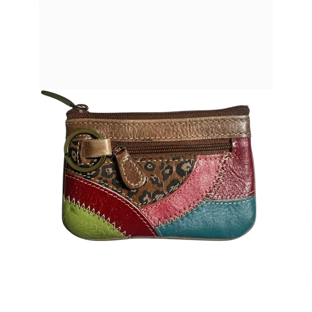 Fossil Patchwork Leather Coin Purse Card Holder Cheetah Print Zipper Key Ring - Picture 1 of 3